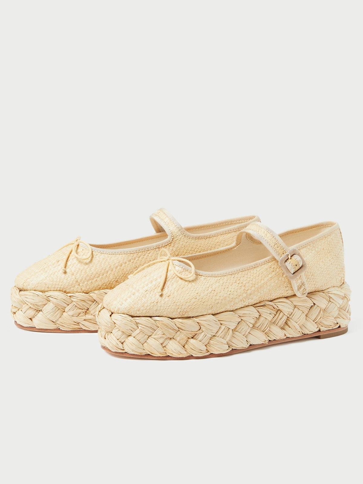 Beige Almond-Toe Adjustable Bridge Strap Bow Espadrille Mary Janes Flats