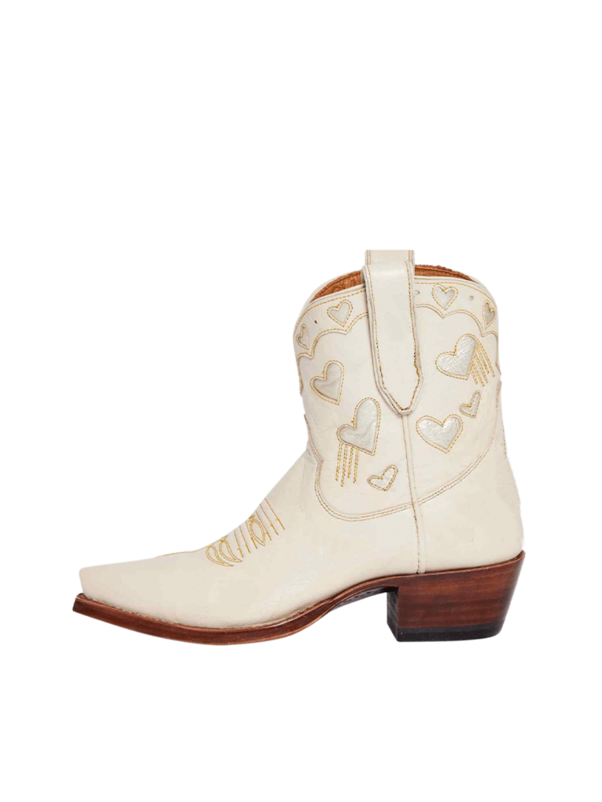 Cream Snip-Toe Western Ankle Booties With Metallic Gold Heart Inlay