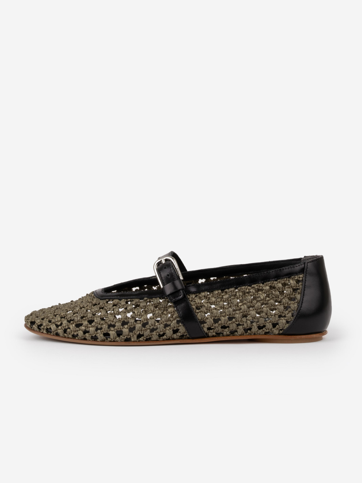 Olive Drab Woven Square Toe Ballet Flats Mary Janes With Buckled Strap