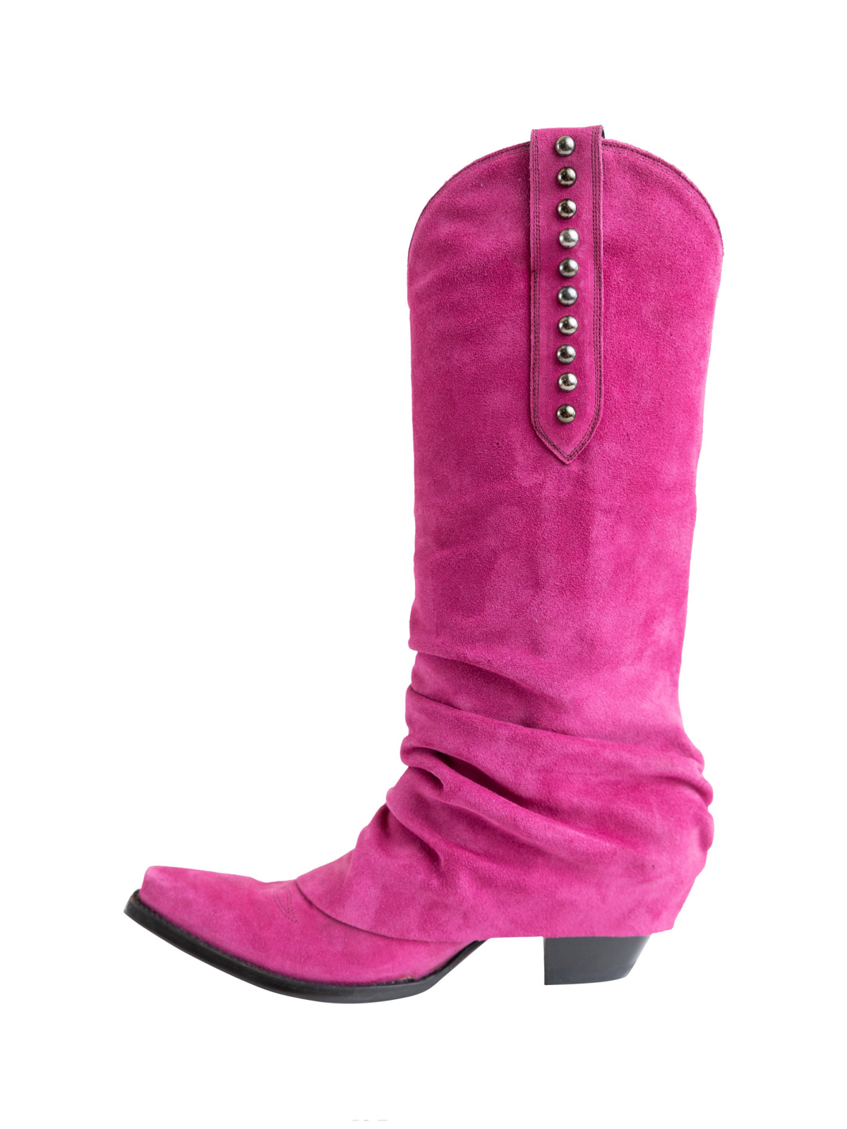 Pink Faux Suede Snip-Toe Studded Tall Wide Mid Calf Fold-Over Slouch Cowgirl Boots