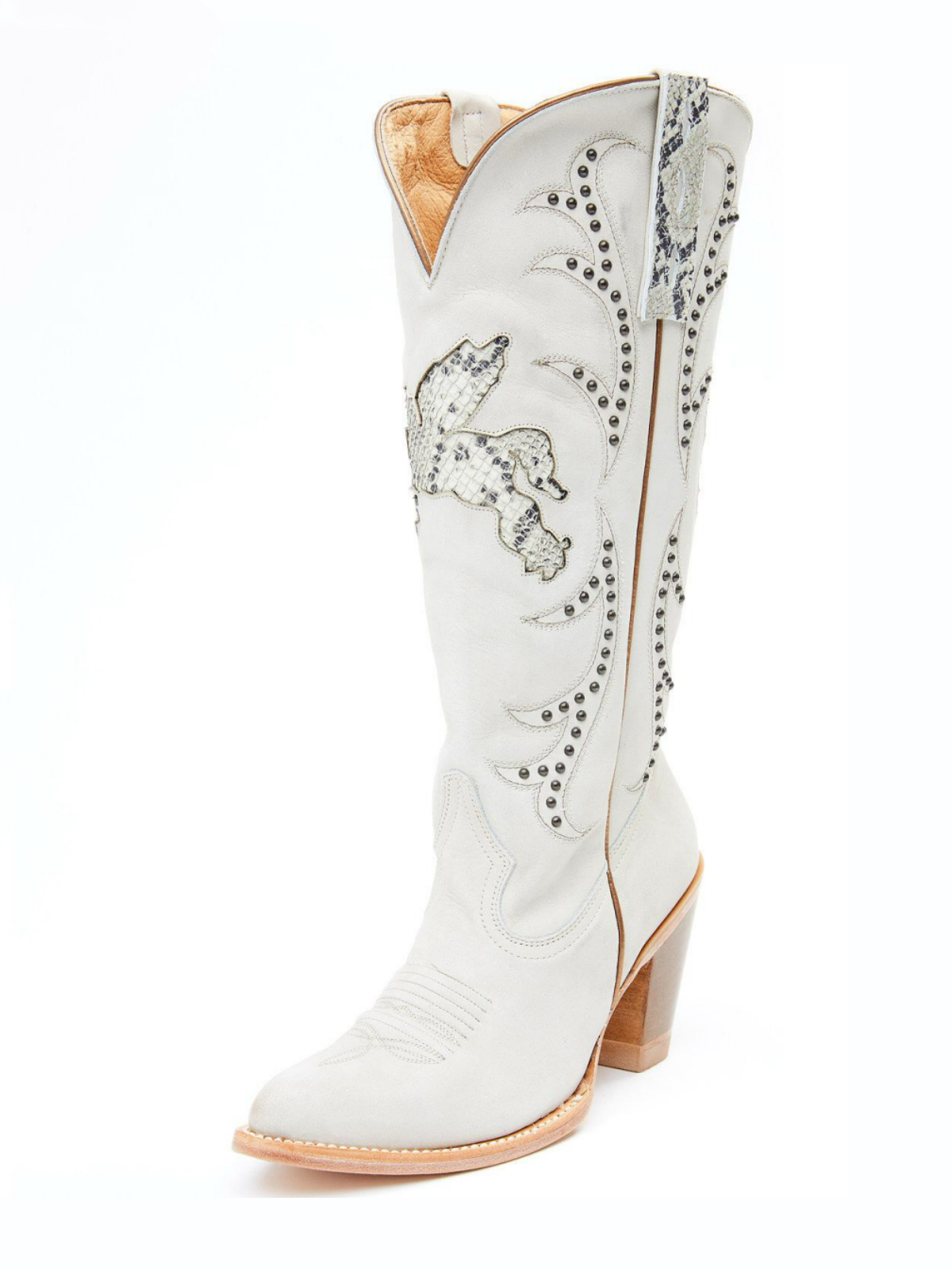 White Almond-Toe Studded Pegasus Inlay Wide Mid Calf Tall Cowgirl Boots