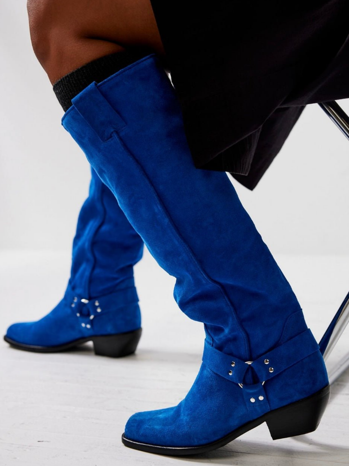 Faux Suede Square-Toe Wide Calf Tall Knee High Cowgirl Boots With Buckle - Blue