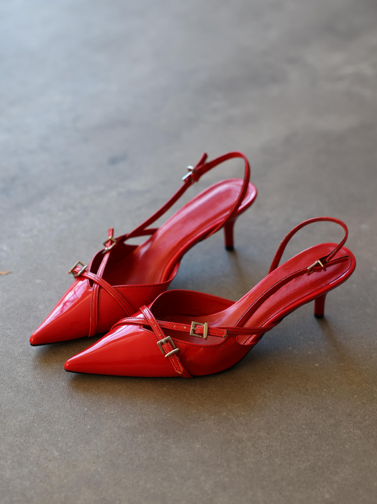 Red Vegan Leather Kitten Heels Slingback Courts Pumps With Crossed Buckled Strap