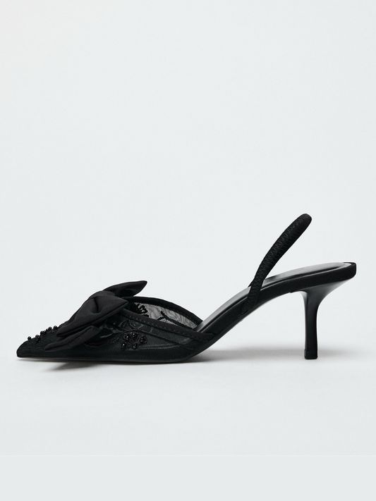 Black Mesh Pointed-Toe Pearl And Flower Embroidery Slingback Kitten Heels With Bow