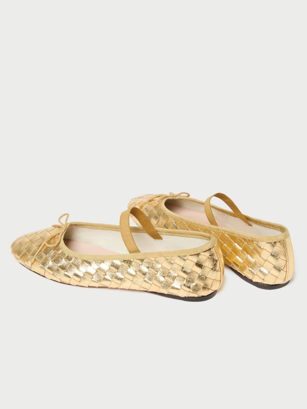 Metallic Gold Woven Bow Round-Toe Ballerina Flats Mary Janes With Elastic Band