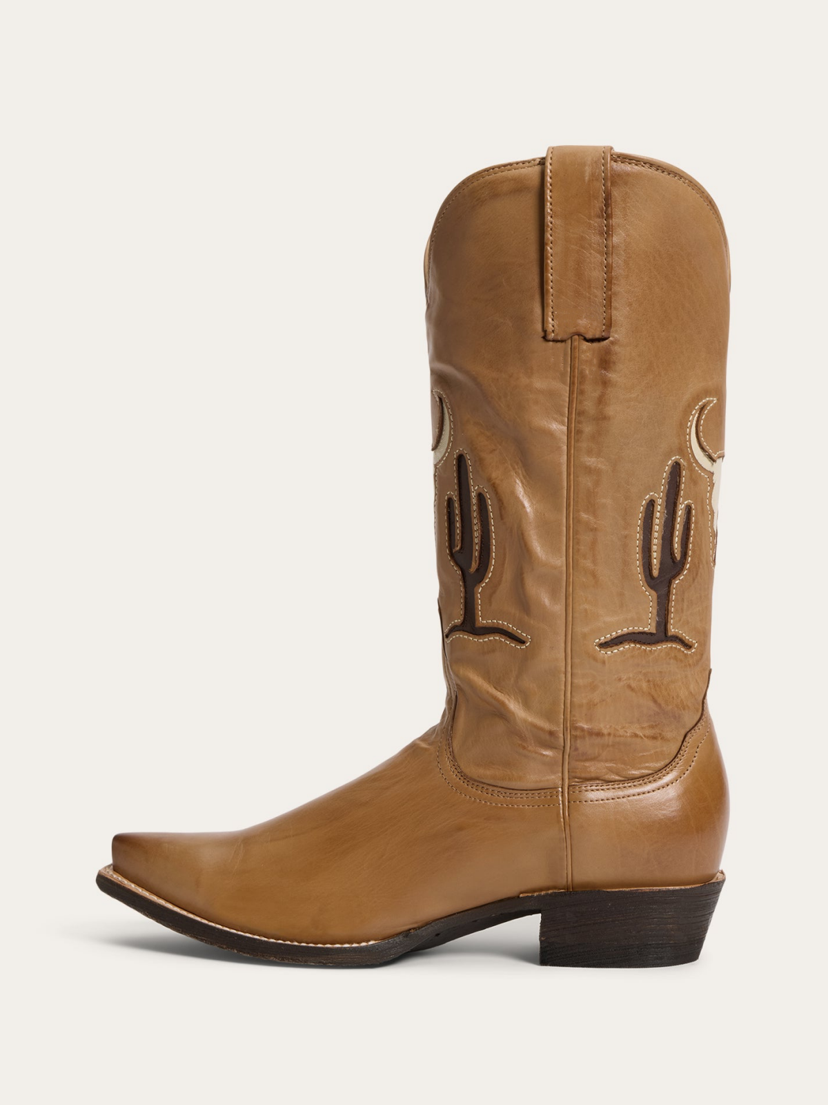 Tan Snip-Toe Steer And Cactus Inlay Wide Mid Calf Tall Cowgirl Boots