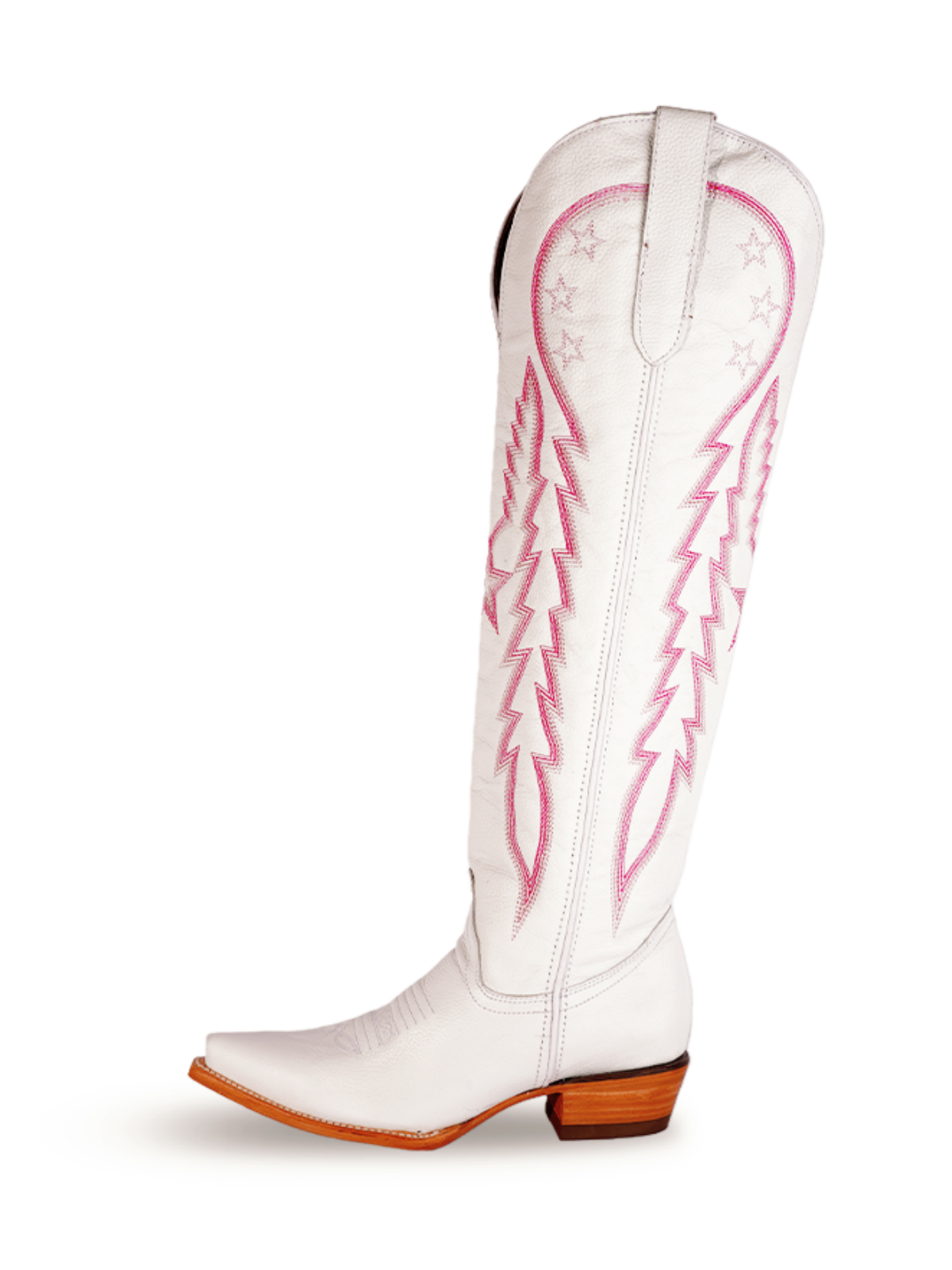 White Snip-Toe Pink Star Embroidery Half-Zip Tall Knee High Cowgirl Boots