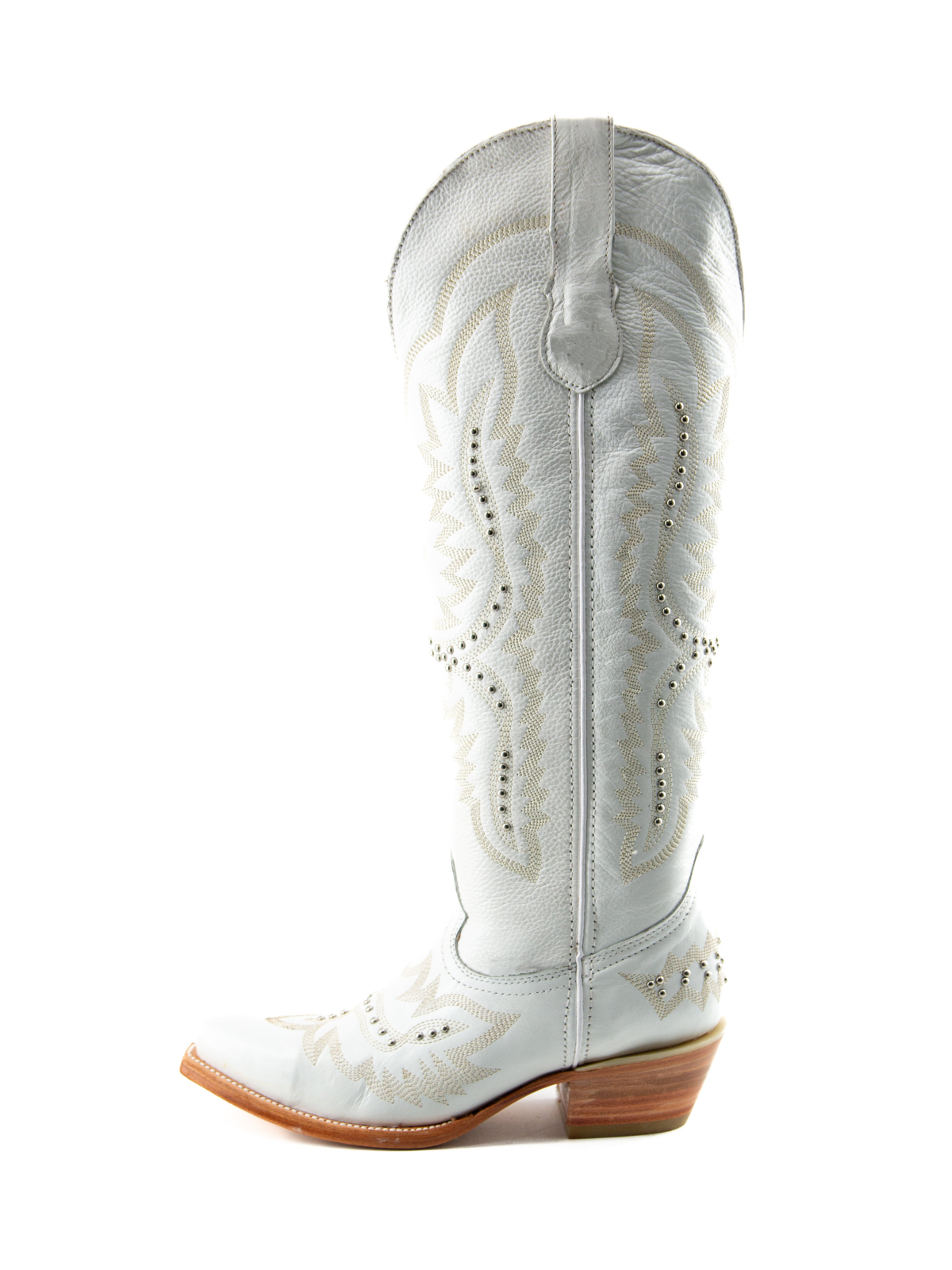 White Studded Embroidery Snip-Toe Half-Zip Cowgirl Knee High Tall Boots