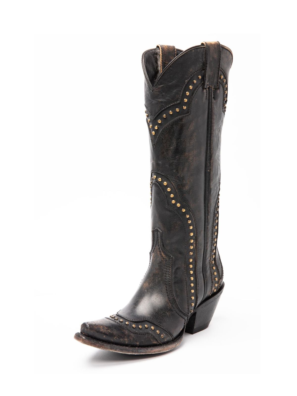 Black Distressed Stitch Studded Snip-Toe Wide Mid Calf Cowgirl Tall Boots