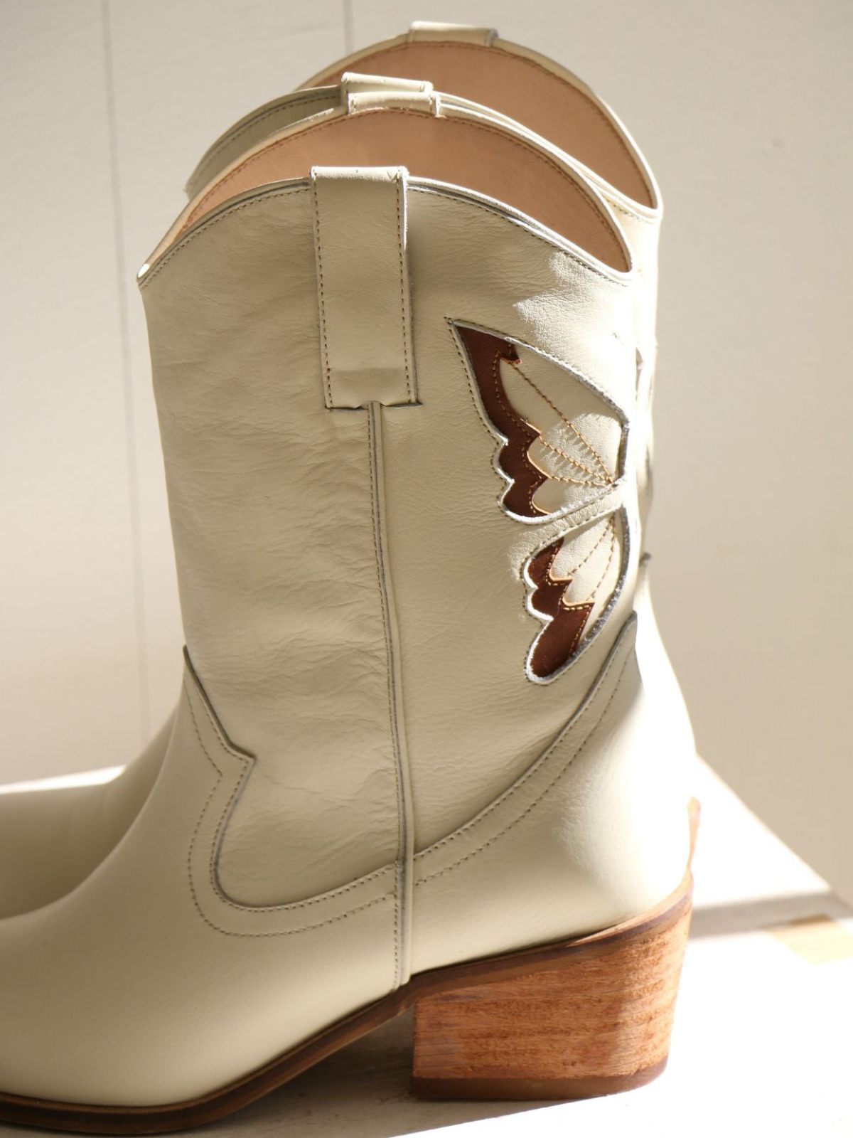 Ivory Snip-Toe Tan Butterfly Inlay Wide Mid Calf Cowgirl Boots