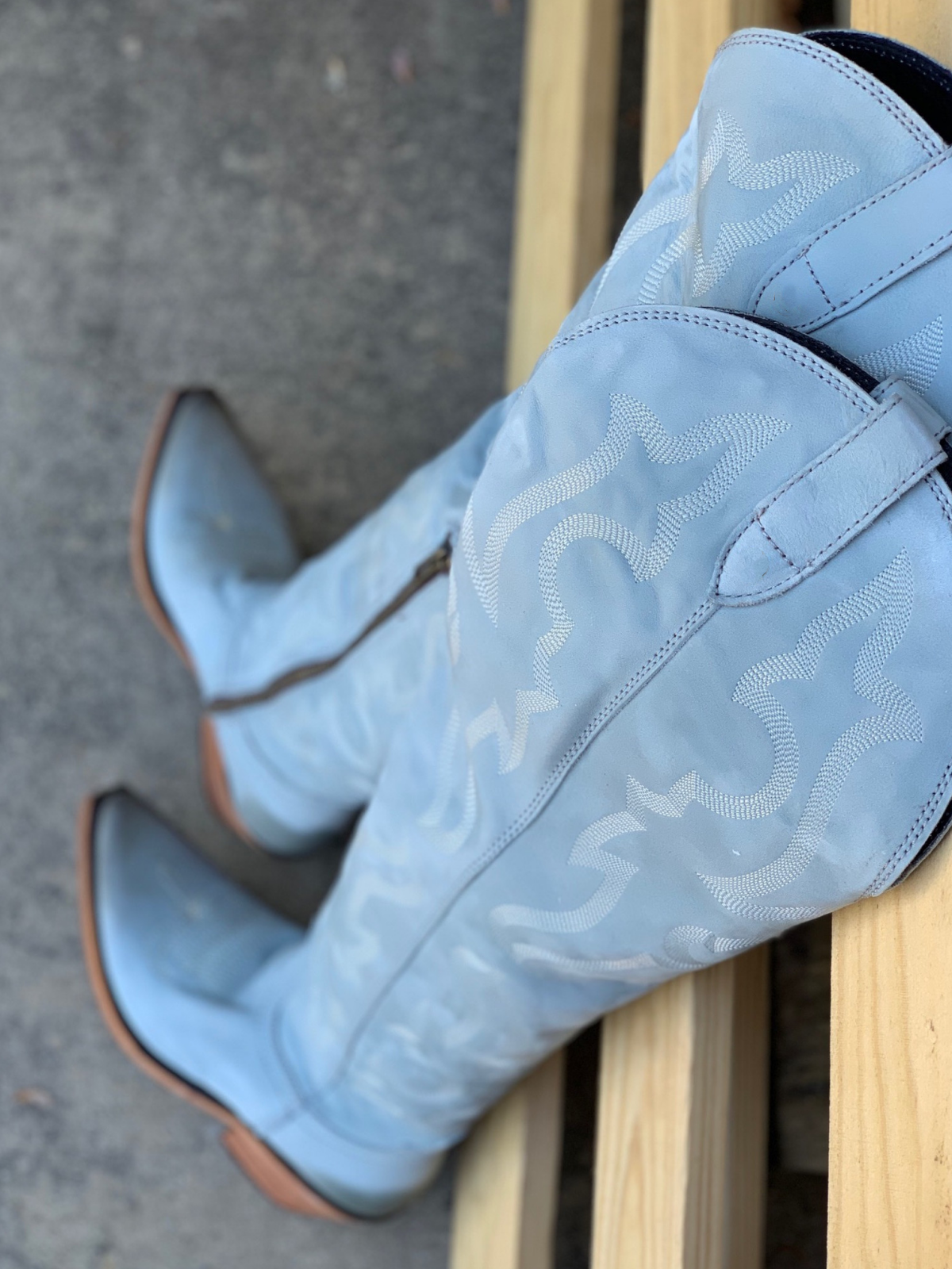 Light Blue Embroidery Pointed-Toe Half-Zip Over-The-Knee Cowgirl Boots