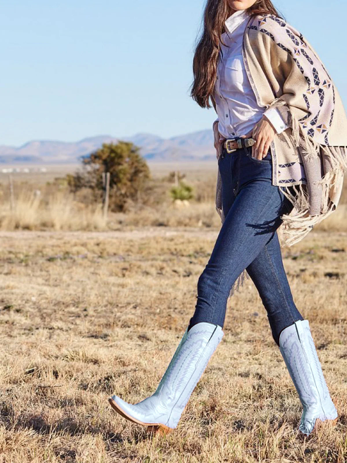 Snip-Toe Embroidery Wide Calf Knee High Tall Cowgirl Boots - Light Blue