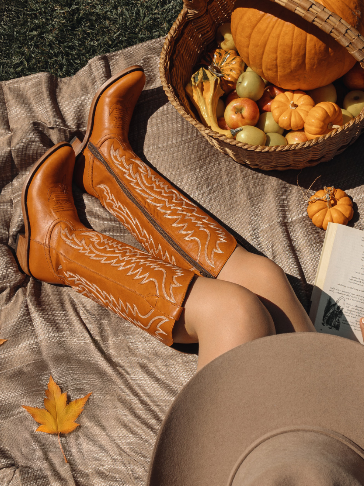 Full-Zip Almond-Toe Classic Embroidery Tall Knee High Cowgirl Boots - Orange