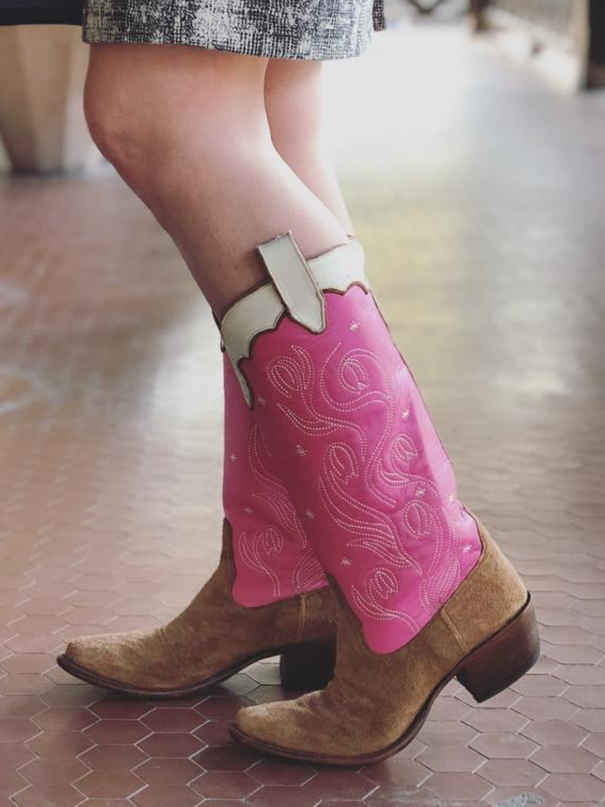 Contrast Brown Faux Suede And Pink Embroidery Almond-Toe Wide Mid Calf Tall Cowgirl Boots