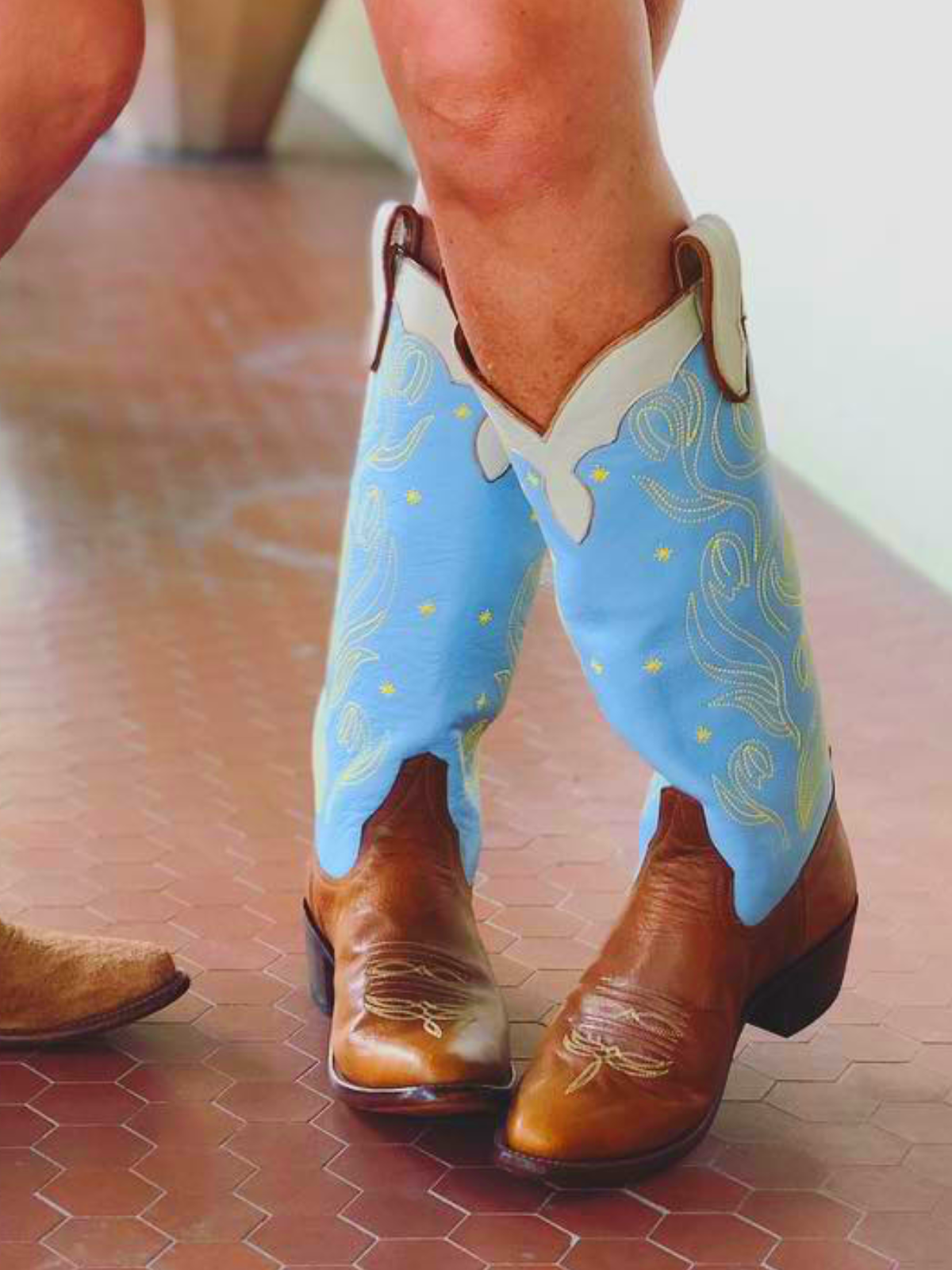 Contrast Brown And Blue Embroidery Almond-Toe Wide Mid Calf Tall Cowgirl Boots