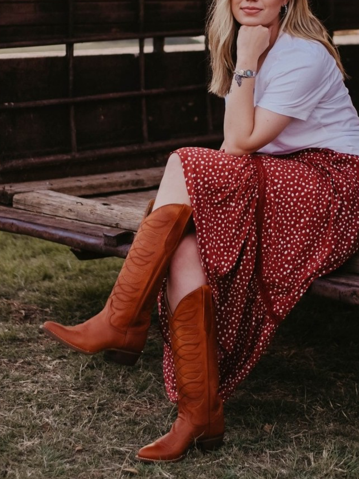 Orange Round-Toe Embroidery Wide Mid Calf Tall Cowgirl Boots