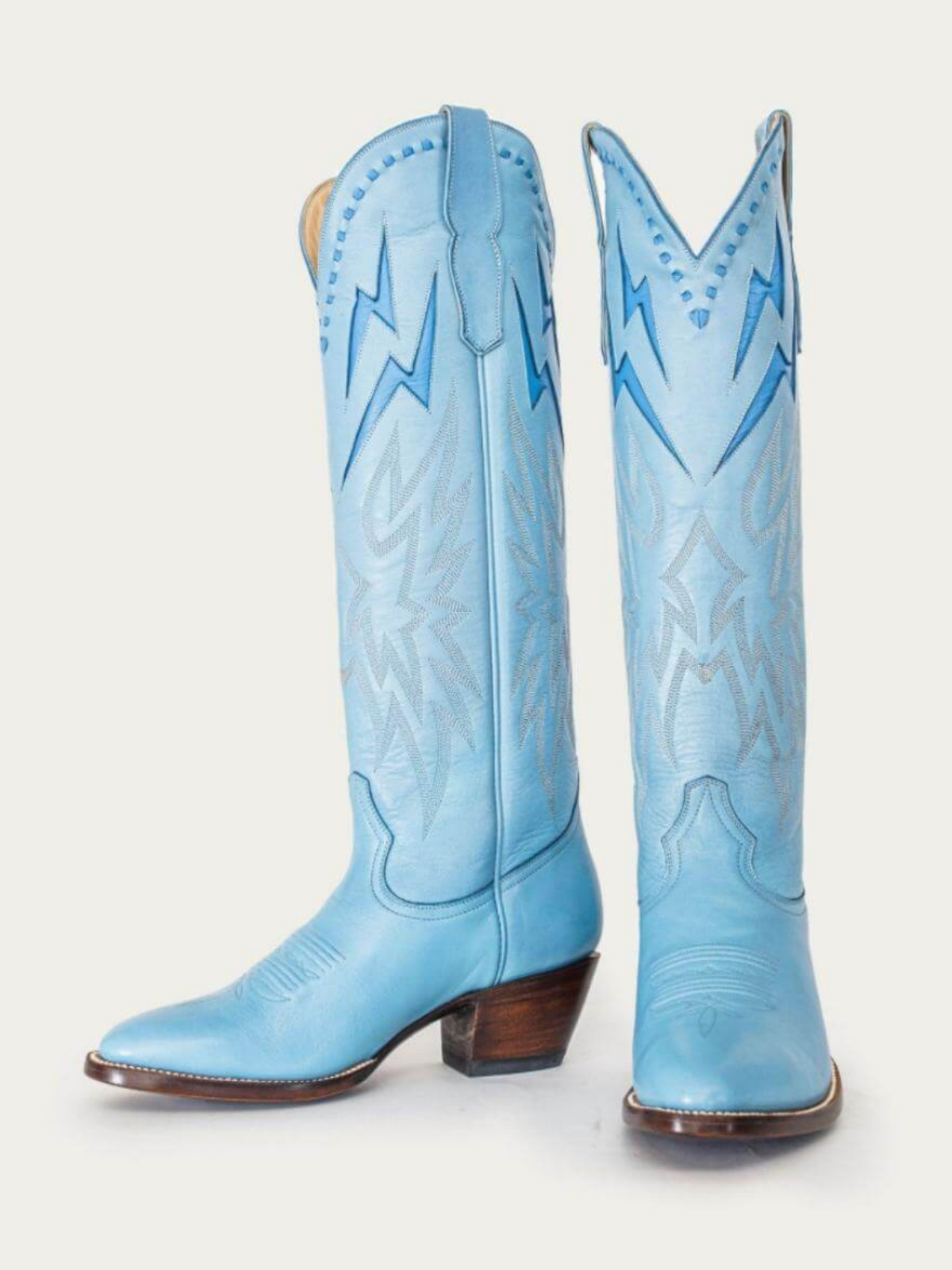 Powder Blue Almond-Toe Embroidery Lightning Inlay Wide Mid Calf Cowgirl Boots