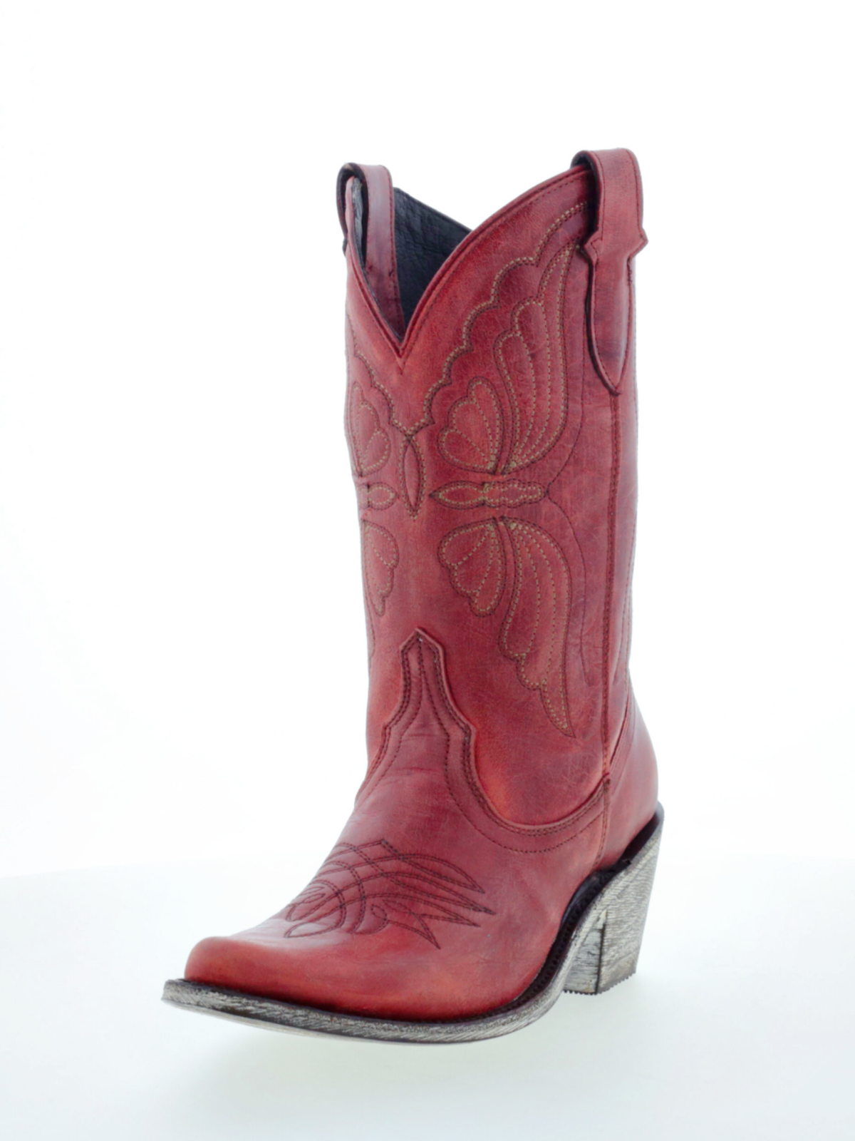 Butterfly Embroidery Almond-Toe Wide Mid Calf Cowgirl Boots - Red