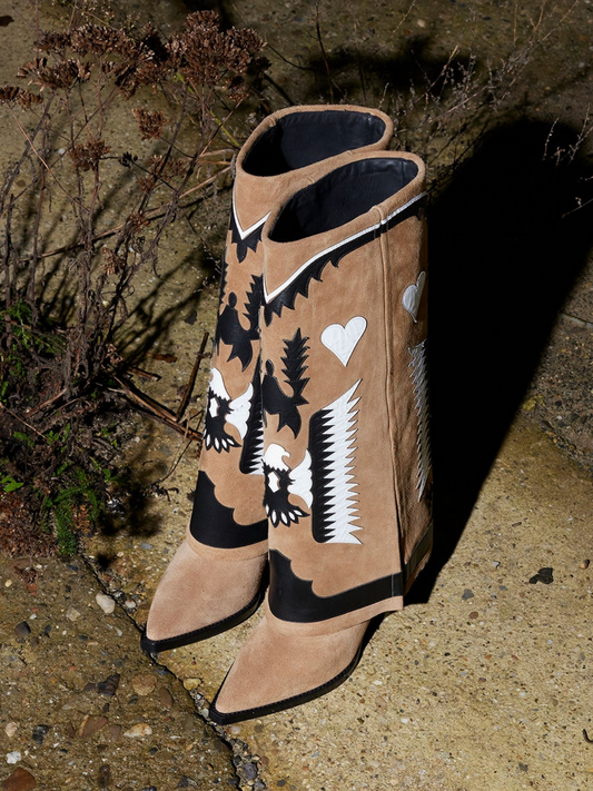 Fold-Over Panel Eagle And Heart Applique Wide Mid Calf Boots - Camel