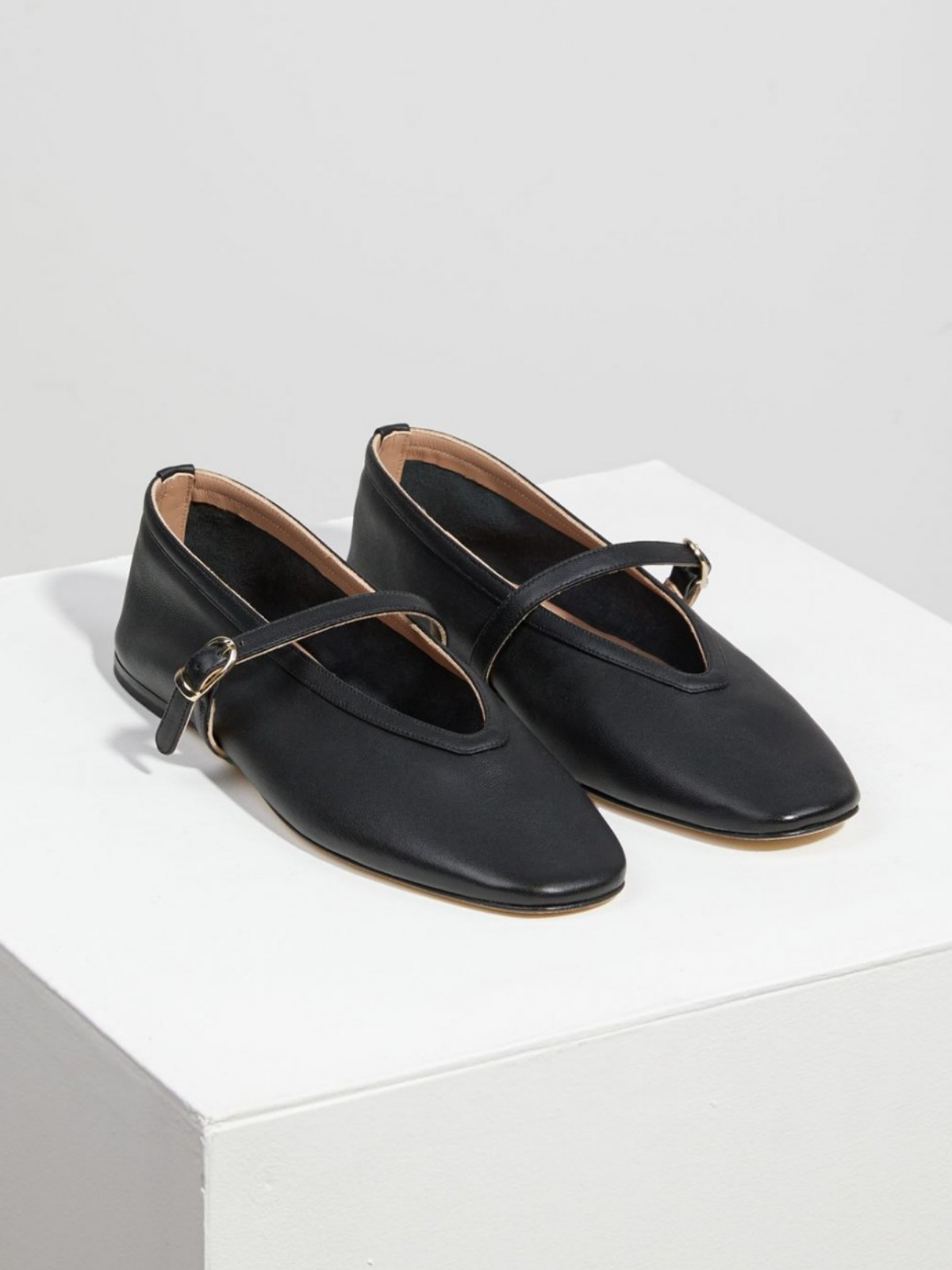 Black Vegan Leather Square Toe Buckled Ballet Flats Mary Janes