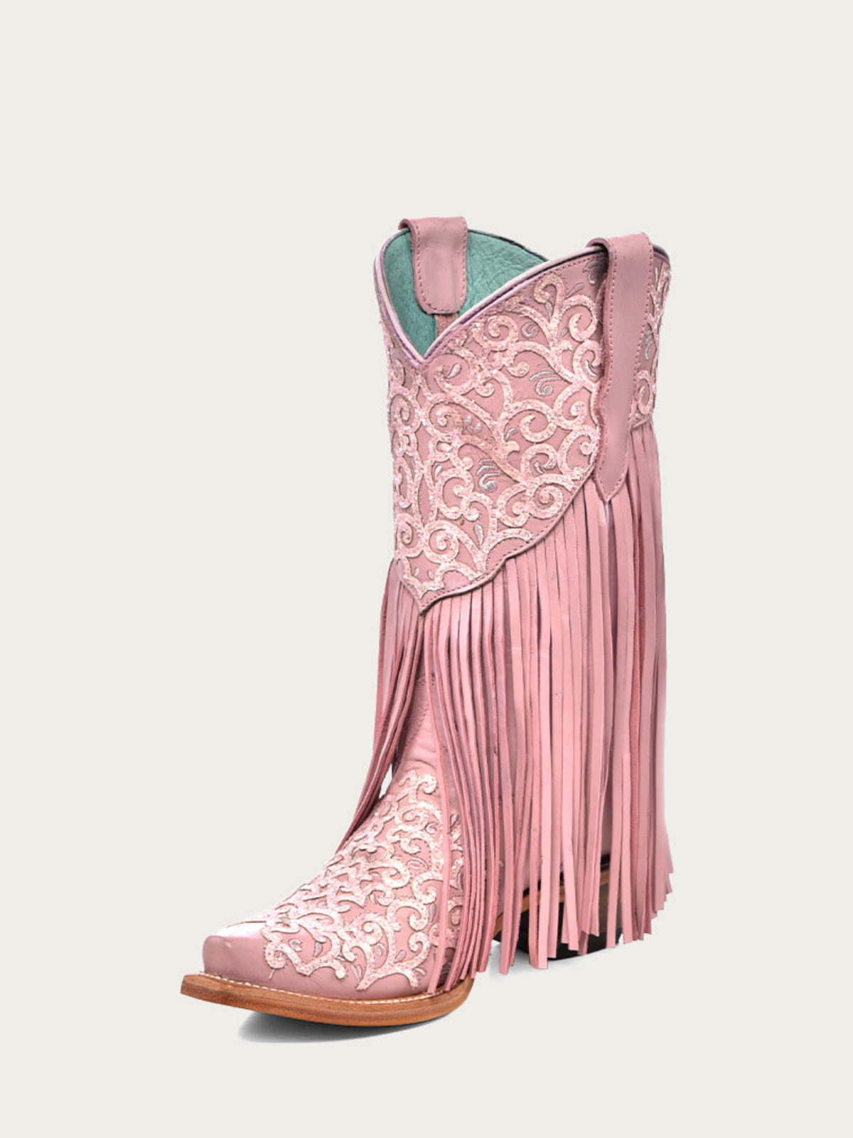 Blush Pink Snip-Toe Fringe Embroidery Filigree Glitter Applique Wide Mid Calf Cowgirl Boots