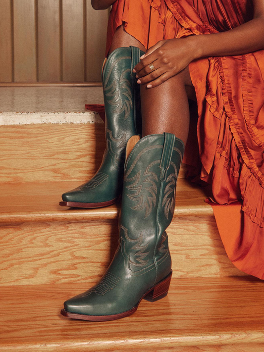 Dark Green Embroidery Snip-Toe Wide Mid Calf Cowgirl Tall Boots