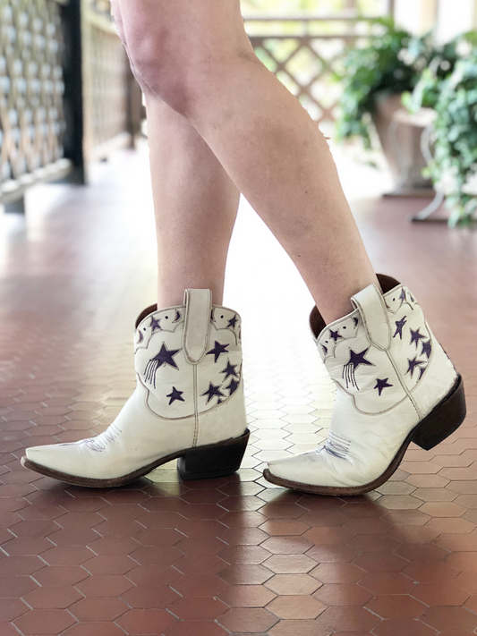 White Snip-Toe Purple Star And Moon Inlay Wide Calf Ankle Booties