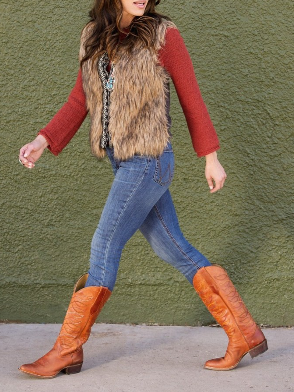 Orange Round-Toe Embroidery Wide Mid Calf Tall Cowgirl Boots