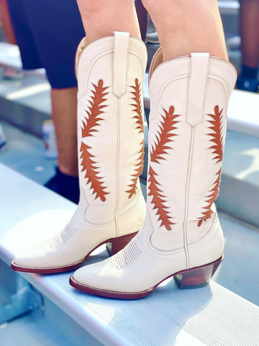 White Almond-Toe Wide Calf Cowgirl Boots Knee High Tall Boots With Brown Inlay