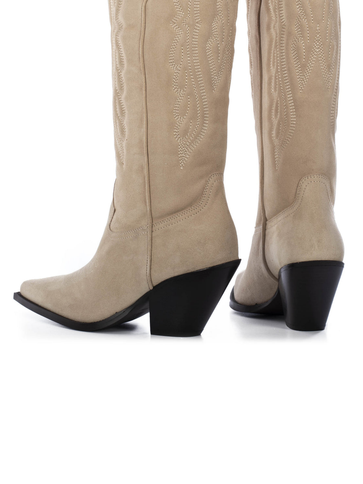 Wing Embroidery Faux Suede Pointed-Toe Wide Calf Tall Knee High Cowgirl Boots - Sand