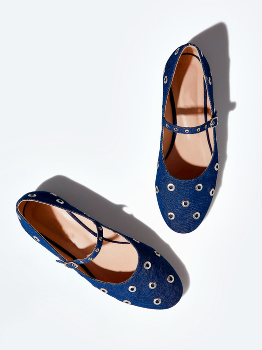 Blue Denim Studded Grommet Eyelet Round-Toe Ballet Flats Mary Janes