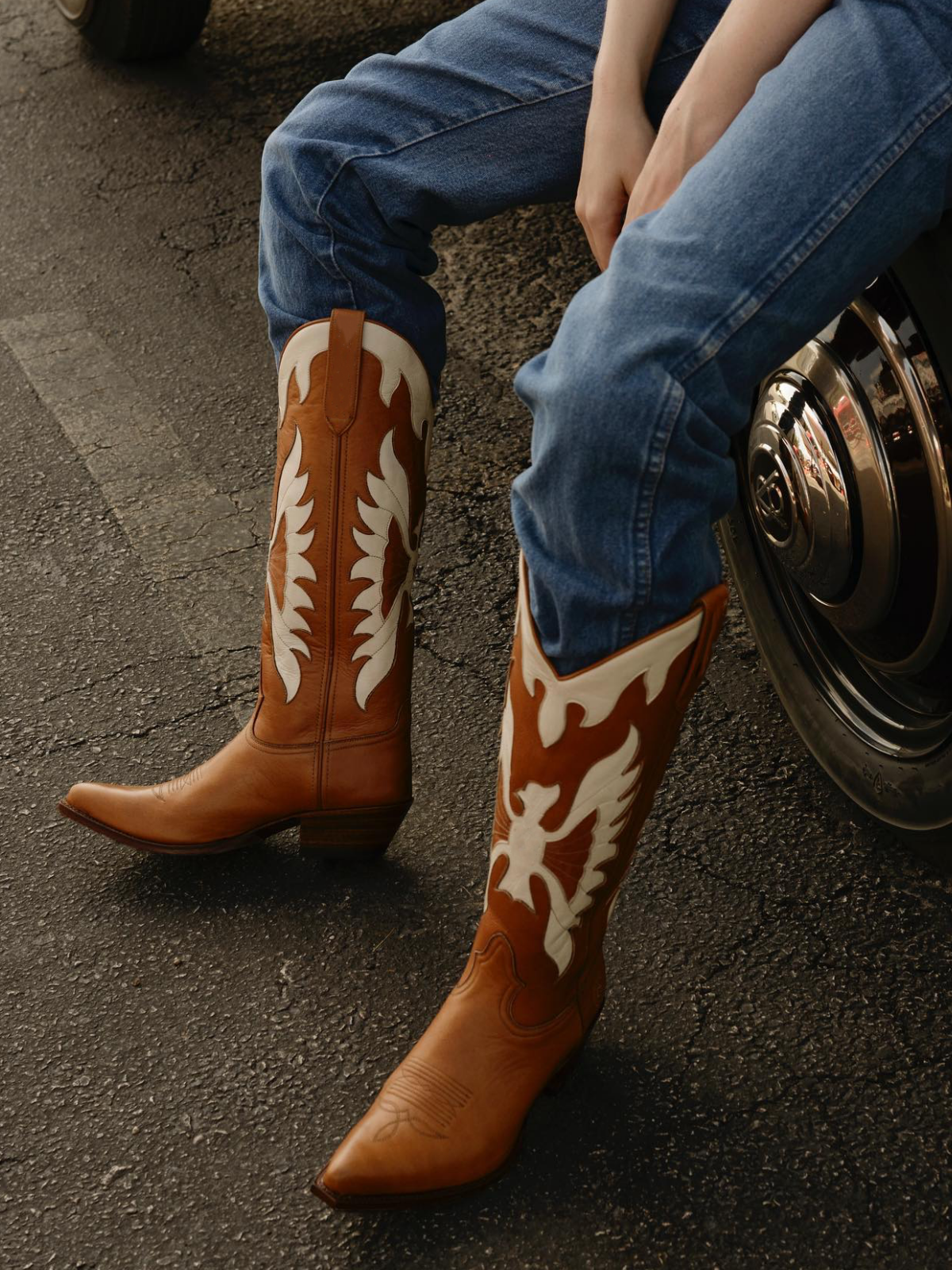 Brown Snip-Toe White Eagle Inlay Wide Mid Calf Tall Cowgirl Boots