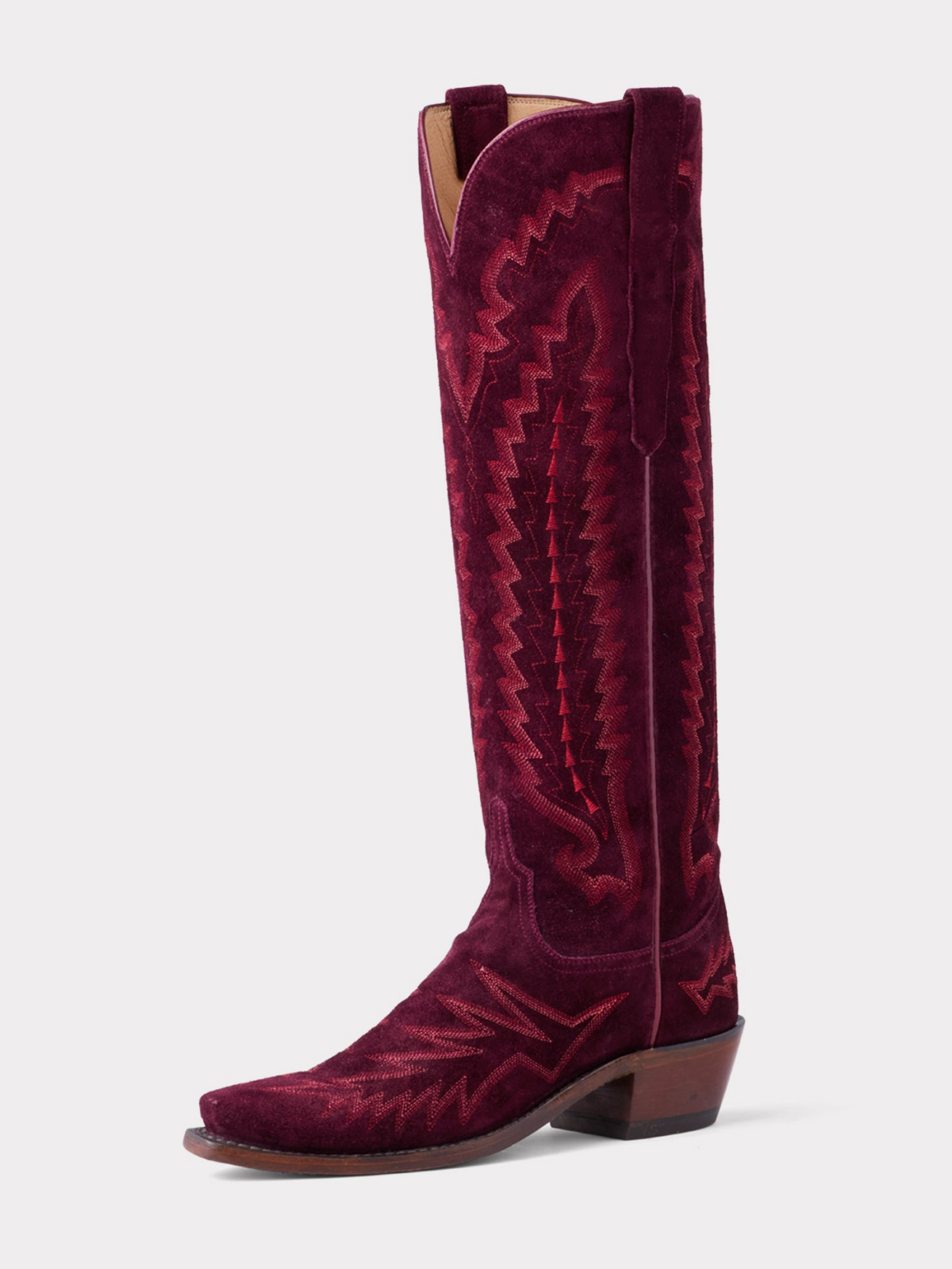 Wine Red Faux Suede Snip-Toe Western Embroidery Wide Calf Tall Knee High Cowgirl Boots