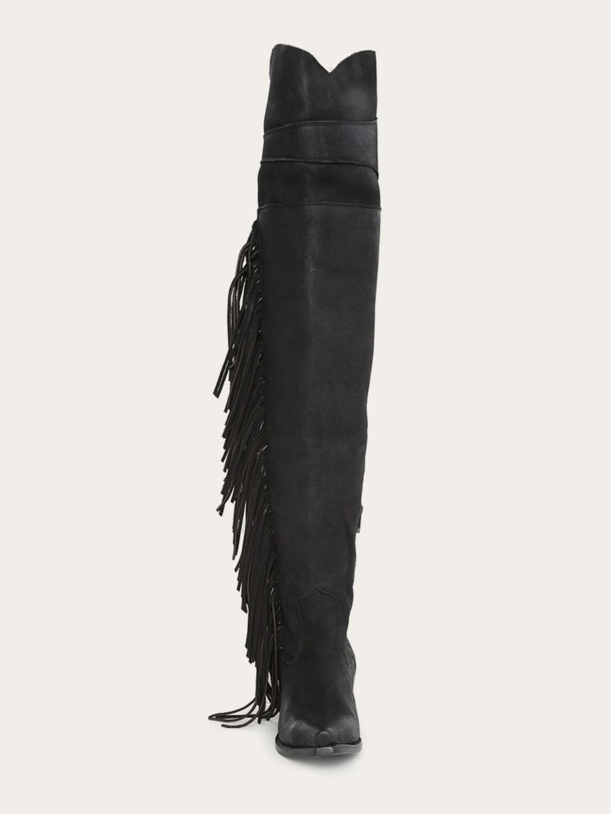 Black Snip-Toe Side Fringe Half-Zip Over-The-Knee Cowgirl Boots