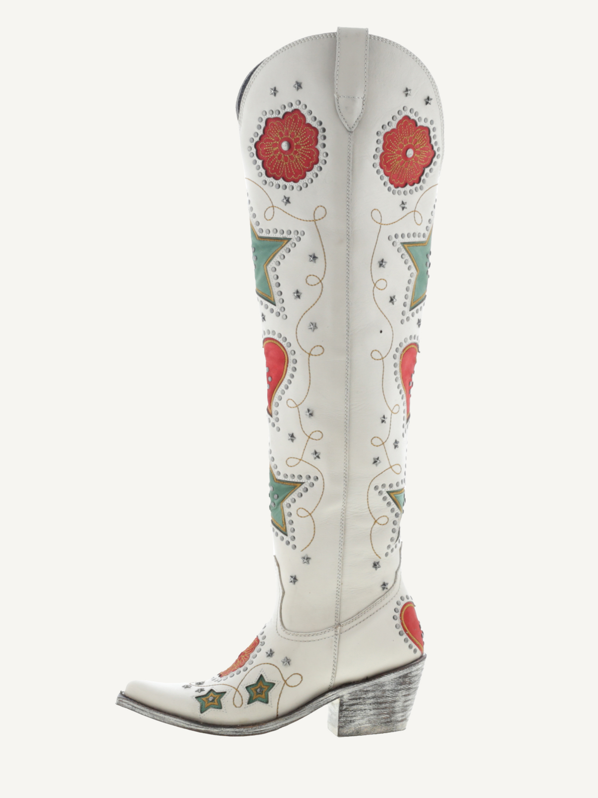 Ivory Studded Hearts Stars Flowers Inlay Metal Stars Applique Half-Zip Over-The-Knee Cowgirl Boots