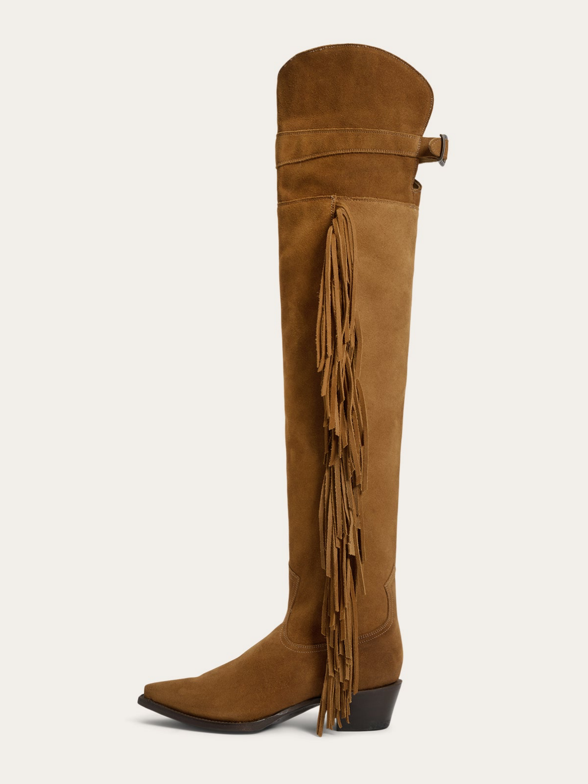 Tan Faux Suede Snip-Toe Side Fringe Half-Zip Over-The-Knee Cowgirl Boots