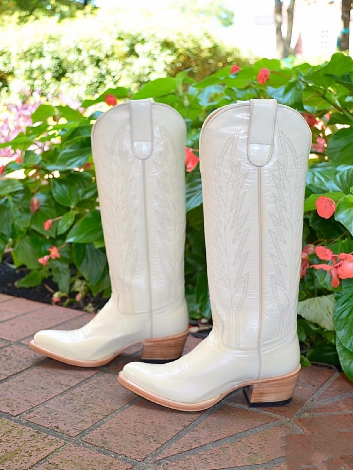 Ivory Embroidery Almond-Toe Wide Mid Calf Cowboy Tall Boots For Women