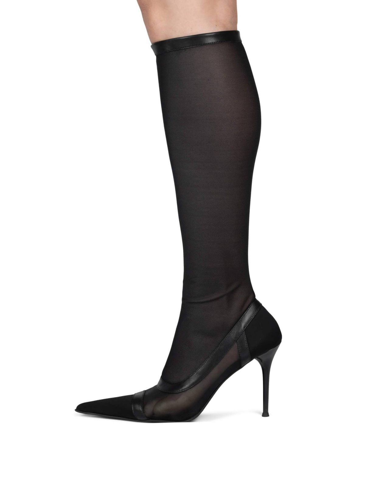 Black Pointed-Toe Full-Zip Mid Calf Stretch Mesh Stiletto Boots With Vegan Leather Contrast