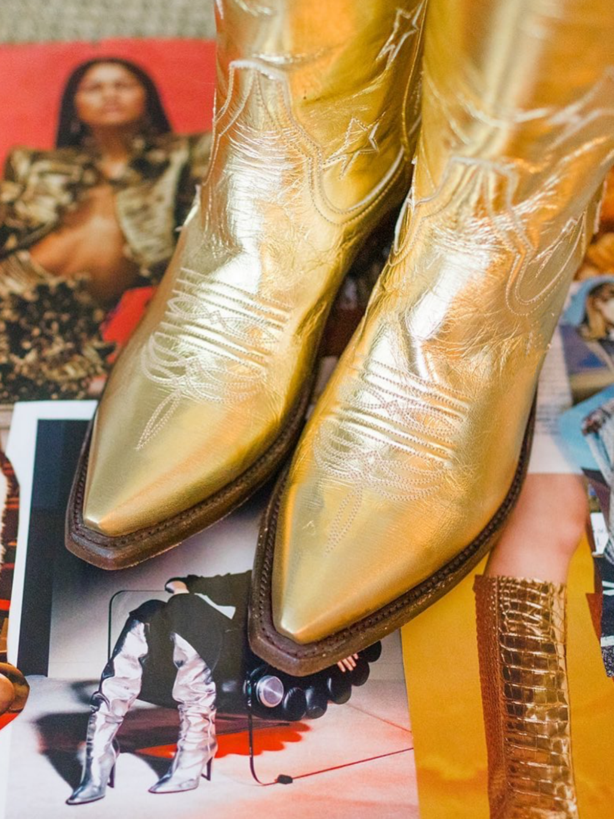 Metallic Gold Snip-Toe Star And Moon Inlay Applique Wide Mid Calf Cowgirl Boots