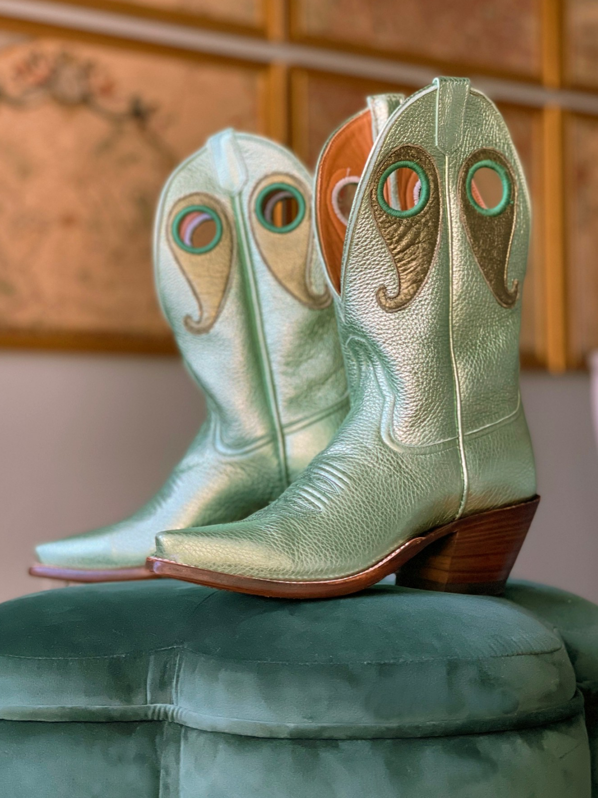 Metallic Green Crinkle Cutout Snip-Toe Wide Mid Calf Cowgirl Boots With Olive Green Paisley