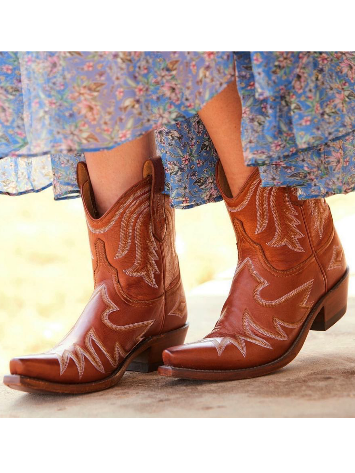 Embroidery Snip-Toe Wide Mid Calf Western Boots For Women - Mahogany