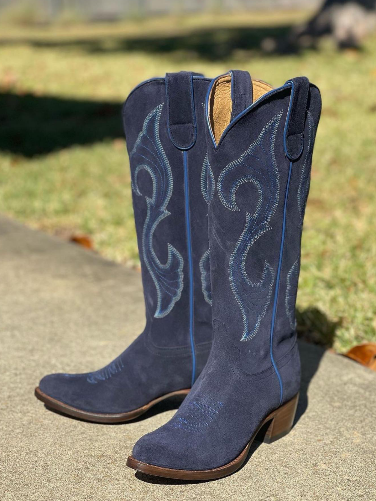 Dark Blue Faux Suede Embroidery Almond-Toe Wide Mid Calf Cowboy Boots For Women