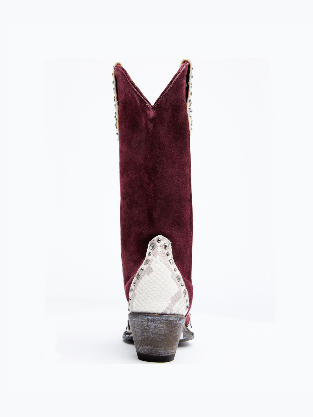 Contrast Snakeskin And Wine Red Faux Suede Studded Applique Snip-Toe Wide Mid Calf Cowgirl Boots