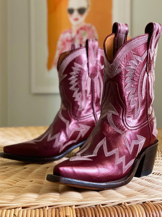 Metallic Embroidery Snip-Toe Wide Mid Calf Cowgirl Boots - Wine Red