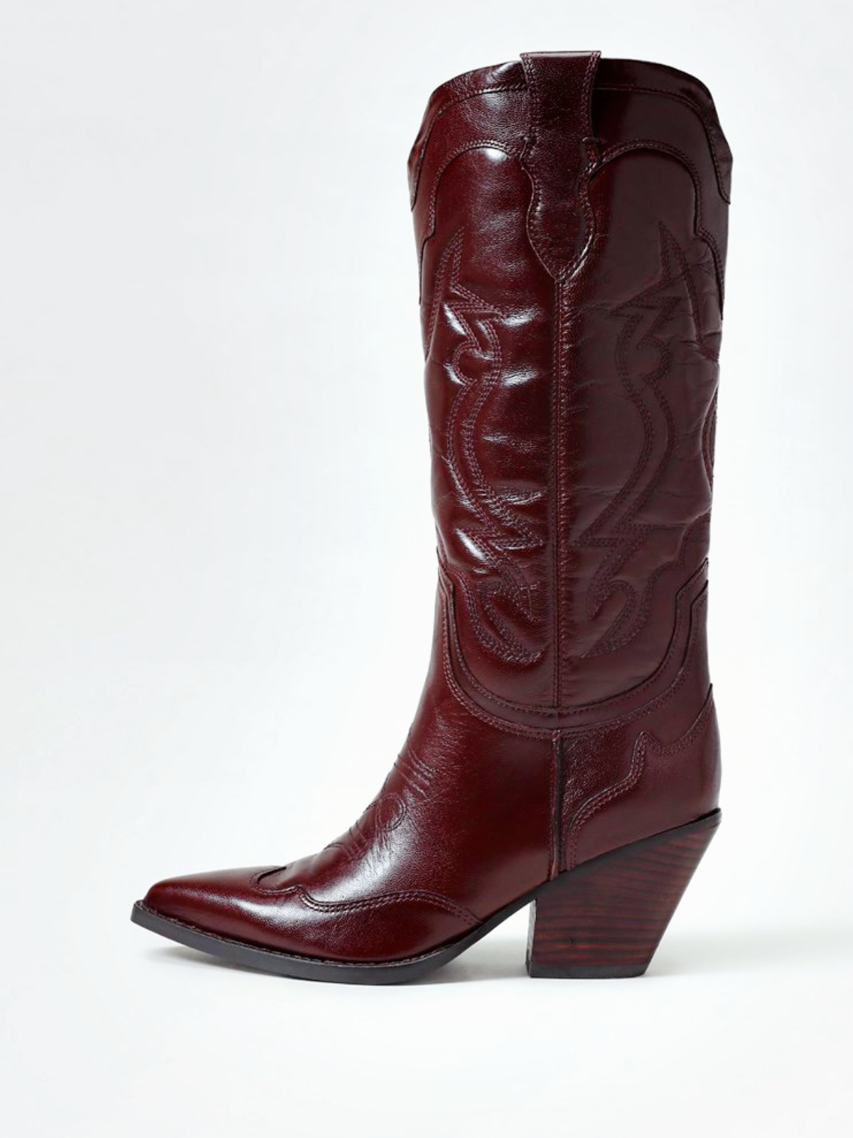 Wine Red Pointed-Toe Classic Embroidery Wide Mid Calf Cowgirl Boots