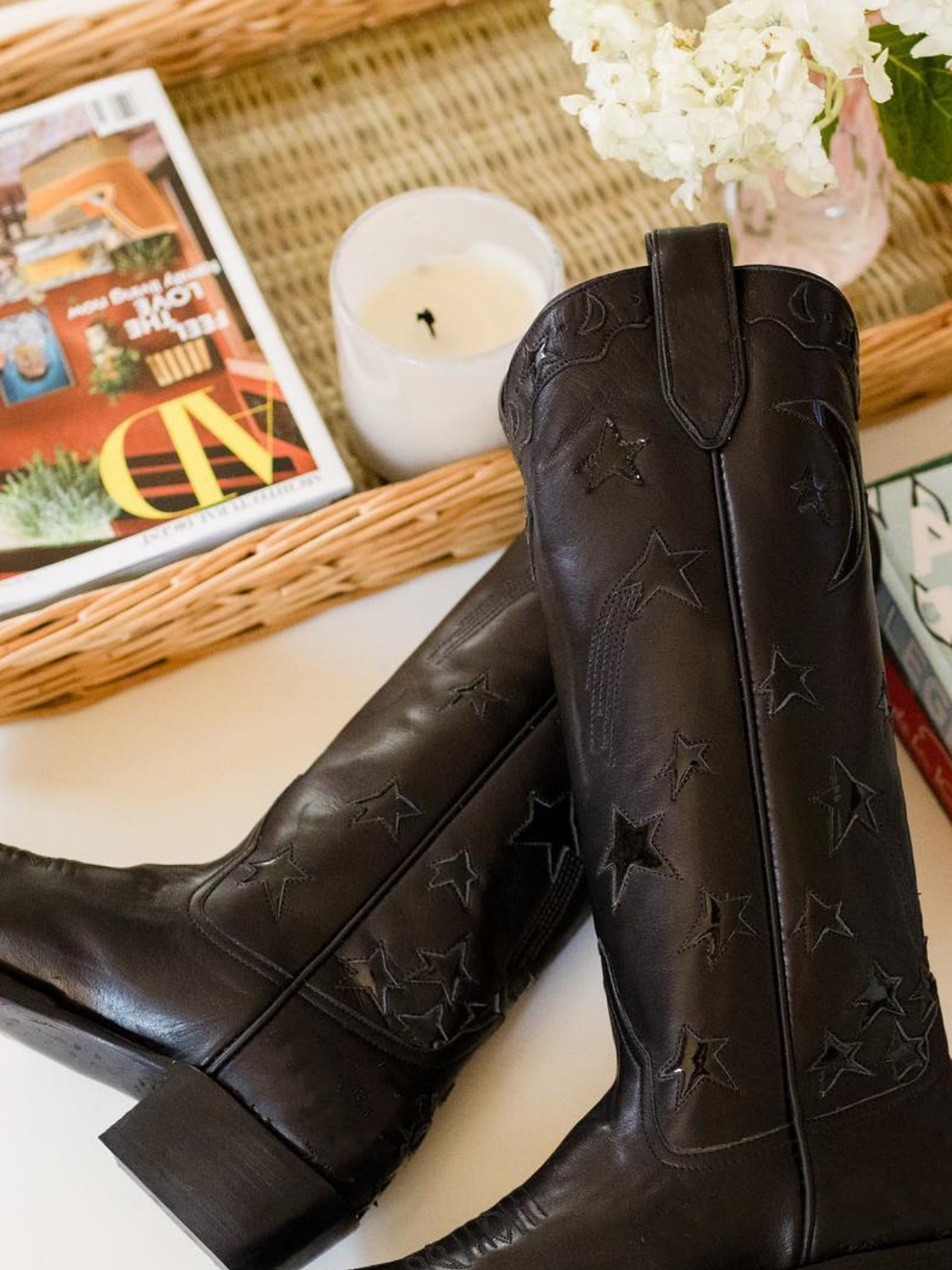 Moon Star Inlay Applique Mid Calf Cowgirl Tall Boots - Black