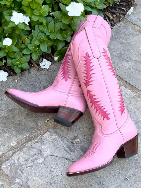 Pink Almond-Toe Wide Calf Cowgirl Boots Knee High Tall Boots With Hot Pink Inlay