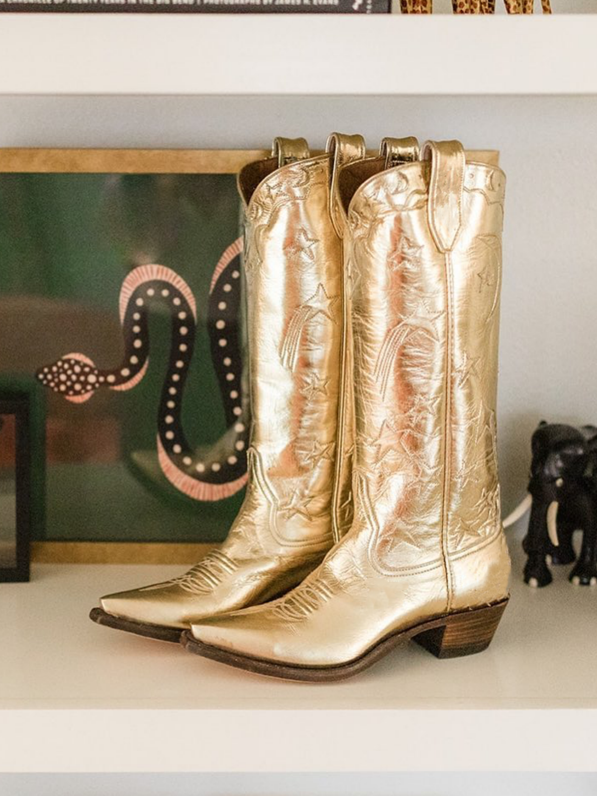 Metallic Gold Snip-Toe Star And Moon Inlay Applique Wide Mid Calf Cowgirl Boots