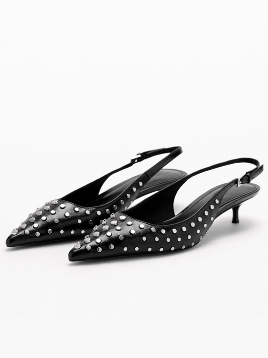 Black Pointed-Toe Studded Slingback Buckle Kitten Heels