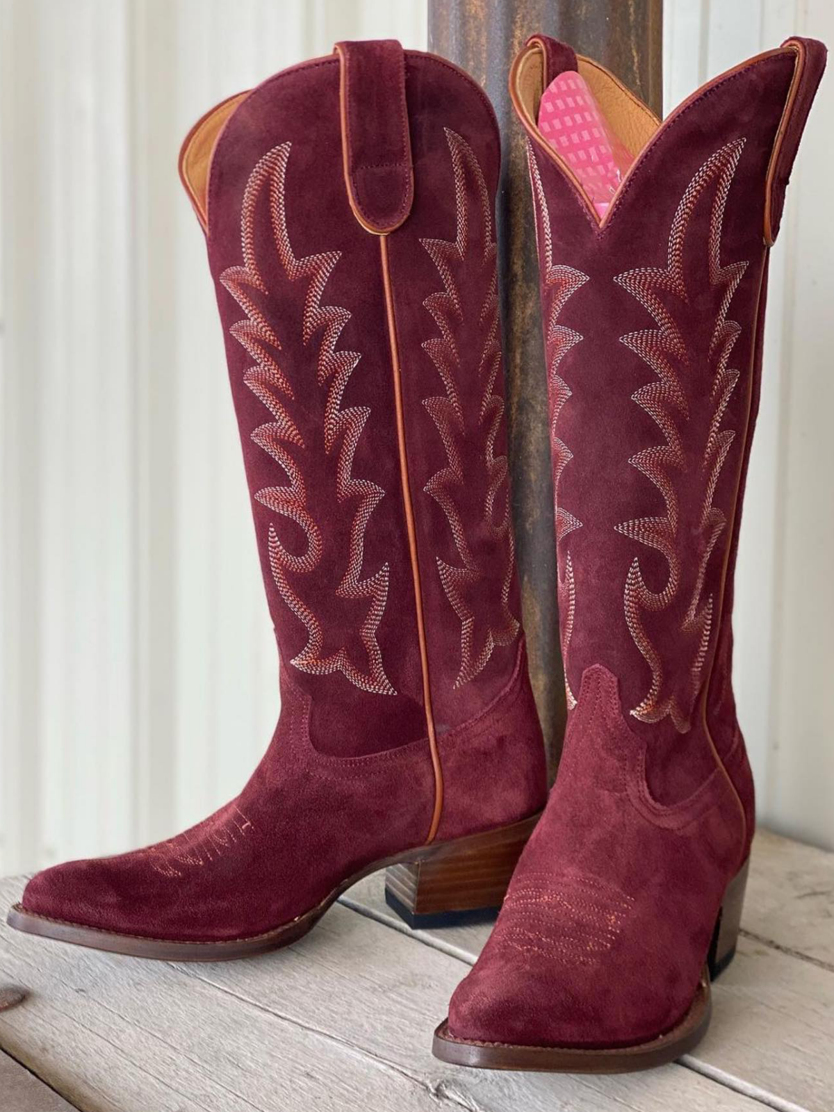 Maroon Faux Suede Embroidery Almond-Toe Wide Mid Calf Cowboy Tall Boots For Women